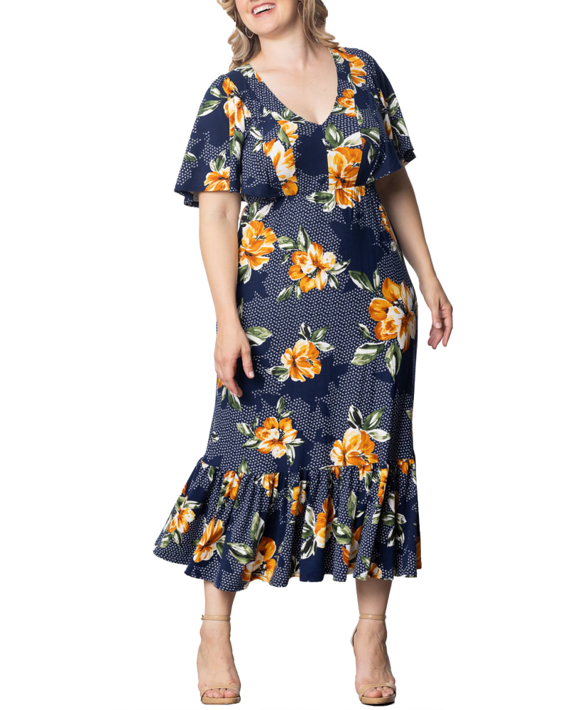 Front of a model wearing a size 5X Madrid Maxi Dress in AMBER BLOSSOMS by Kiyonna. | dia_product_style_image_id:353109